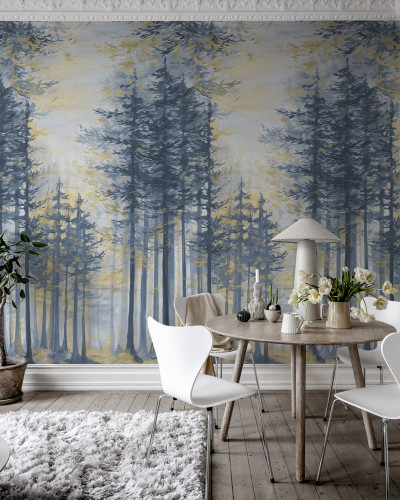 Tapet Daybreak, Blue cu design modern care ilustrează o pădure cu copaci înalți, în nuanțe de albastru și galben
