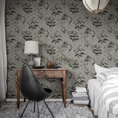 Tapet Floral Ripple, cu model floral minimalist în nuanțe de gri antracit. Ideal pentru living, dormitor, birou sau hol.