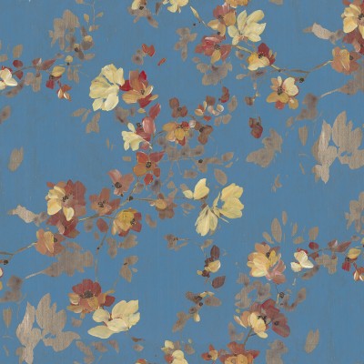 Tapet floral Blooming Garden Turquoise, cu flori albastre, galbene și roșii, într-un dormitor modern