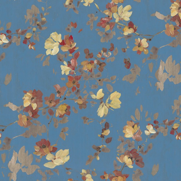Tapet floral Blooming Garden Turquoise, cu flori albastre, galbene și roșii, într-un dormitor modern