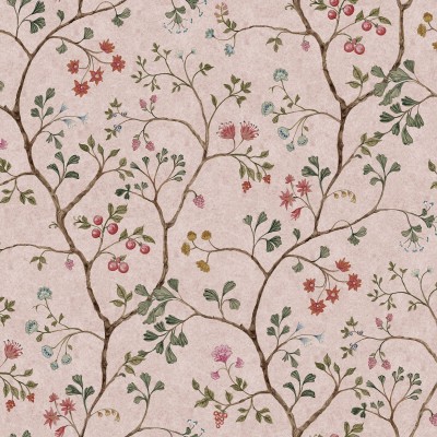 Tapet floral cu design elegant, Song Tree, Pink Cherry, cu flori roz și roșii pe un fundal crem