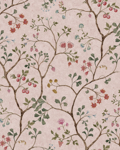 Tapet floral cu design elegant, Song Tree, Pink Cherry, cu flori roz și roșii pe un fundal crem