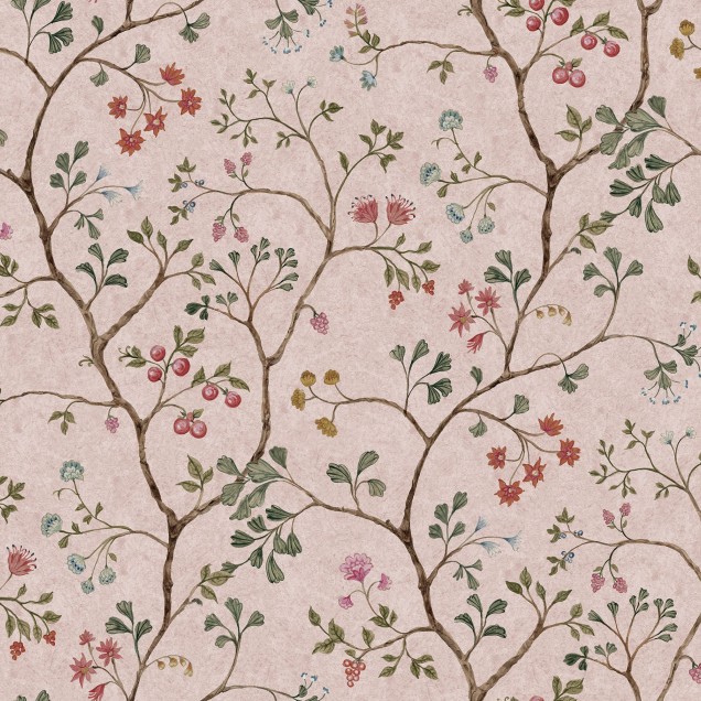 Tapet floral cu design elegant, Song Tree, Pink Cherry, cu flori roz și roșii pe un fundal crem