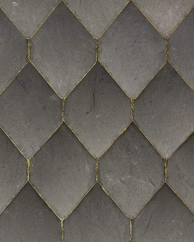 Tapet Osaka Tiles, Grey, cu design geometric cu faianta in forma de fagure si accente de aur