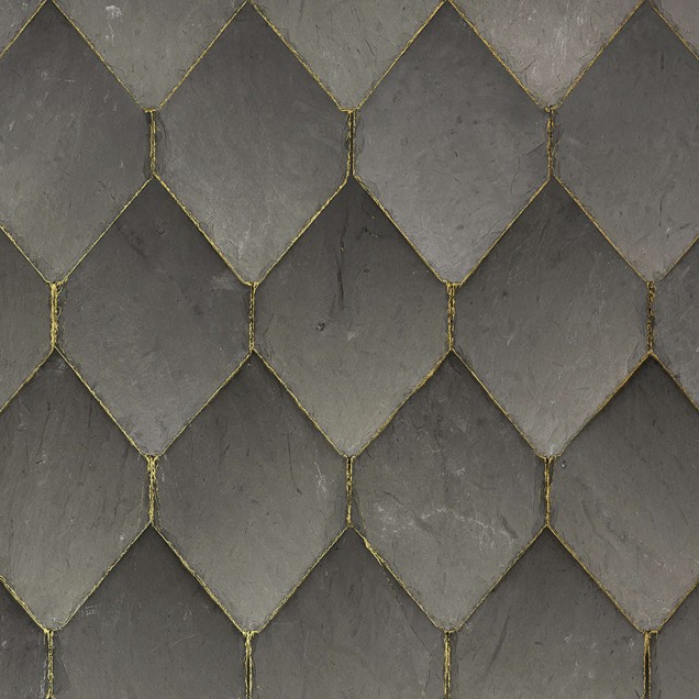 Tapet Osaka Tiles, Grey, cu design geometric cu faianta in forma de fagure si accente de aur