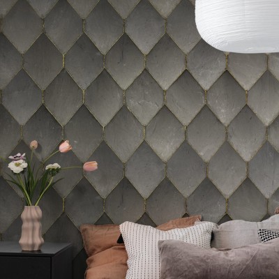 Tapet Osaka Tiles, Grey, cu design geometric cu faianta in forma de fagure si accente de aur
