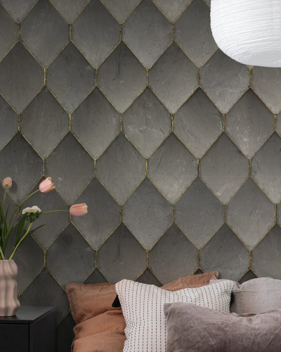 Tapet Osaka Tiles, Grey, cu design geometric cu faianta in forma de fagure si accente de aur