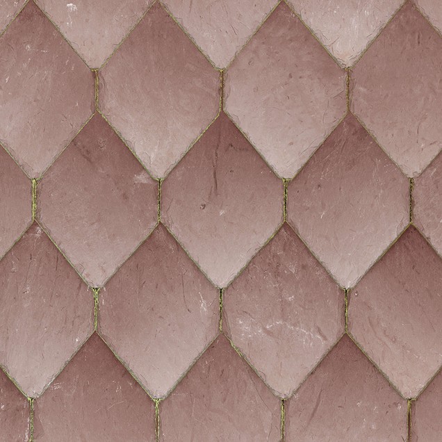 Tapet cu design geometric Osaka Tiles, roz, cu o canapea gri și un covor alb pufos în decor