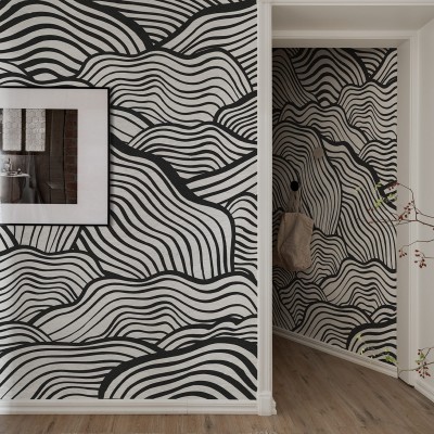 Tapet Soft Clouds, Graphite cu design minimalist, cu linii curbe, pentru un decor modern