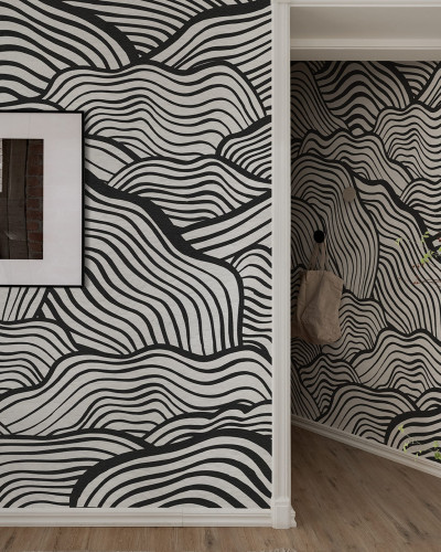 Tapet Soft Clouds, Graphite cu design minimalist, cu linii curbe, pentru un decor modern