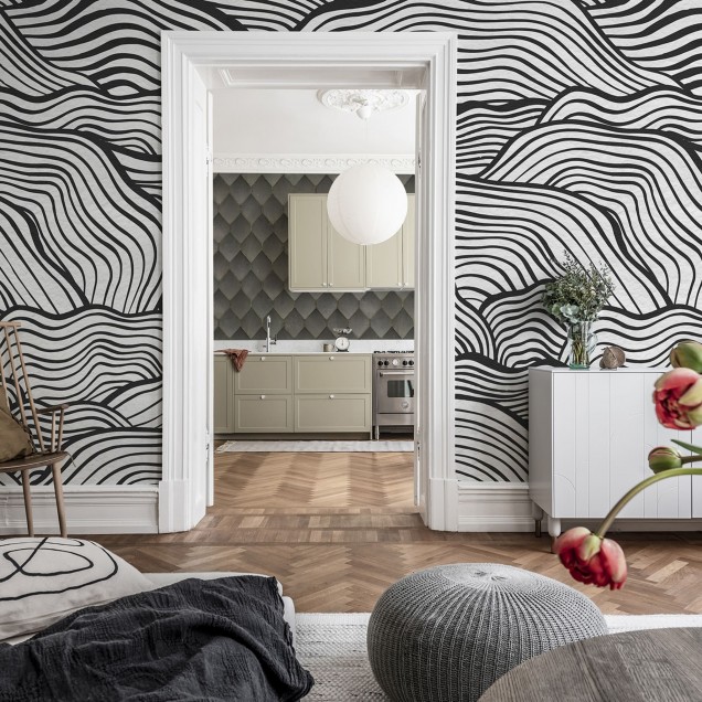 Tapet Soft Clouds, Graphite cu design minimalist, cu linii curbe, pentru un decor modern