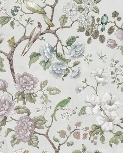 Tapet floral cu flori mari, delicate, pictate in nuante pastelate, cu pasari pe o ramura, pentru un decor romantic si relaxant.