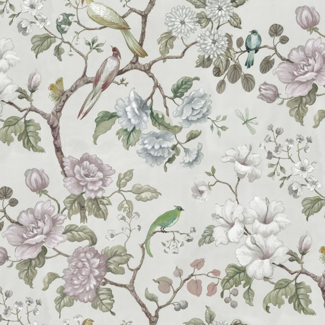 Tapet floral cu flori mari, delicate, pictate in nuante pastelate, cu pasari pe o ramura, pentru un decor romantic si relaxant.
