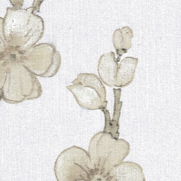 Tapet cu model japonez, vaze cu flori delicate și ramuri înflorite, realizate în nuanțe de bej, pe fundal alb.