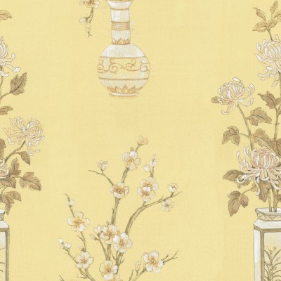 Tapet cu design modern și elegant, Japanese Vases, Saffron. Tapetul prezintă vaze japoneze cu flori, în tonuri de gri, alb și maro.