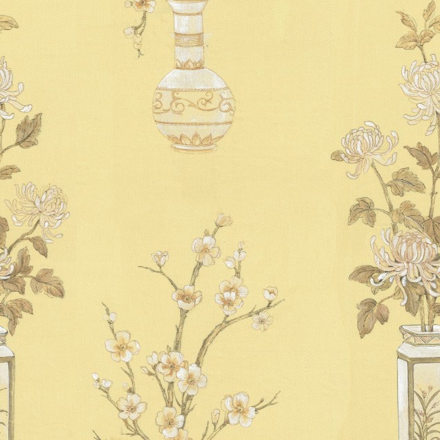 Tapet cu design modern și elegant, Japanese Vases, Saffron. Tapetul prezintă vaze japoneze cu flori, în tonuri de gri, alb și maro.