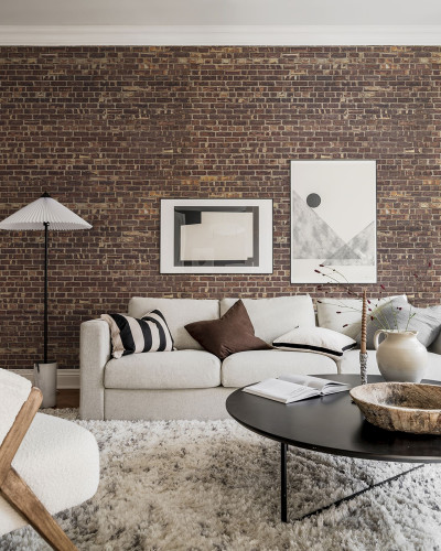 Tapet cu aspect de cărămidă, Symbol Bricks, în amenajarea unui living modern