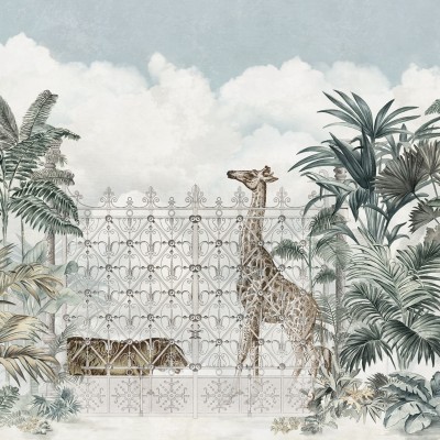 Tapet mural cu design tropical și animale, cu girafe, maimuțe și plante tropicale