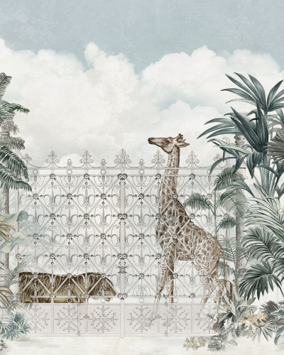 Tapet mural cu design tropical și animale, cu girafe, maimuțe și plante tropicale