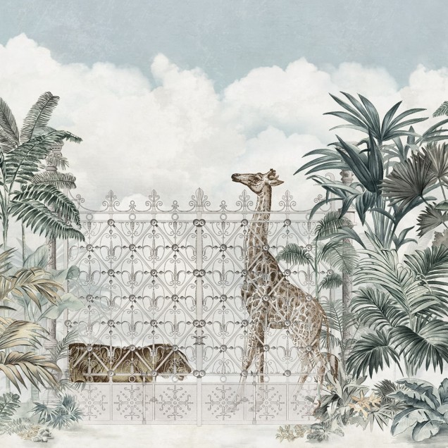 Tapet mural cu design tropical și animale, cu girafe, maimuțe și plante tropicale