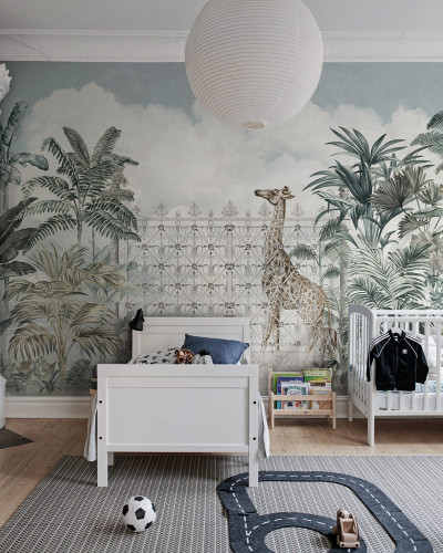 Tapet mural cu design tropical și animale, cu girafe, maimuțe și plante tropicale