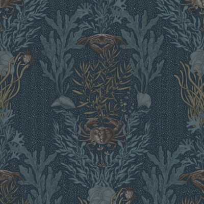 Tapet Claws & Clams, Ocean Blue - Design elegant cu alge marine, scoici și gheare în nuanțe de albastru ocean.