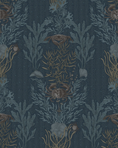 Tapet Claws & Clams, Ocean Blue - Design elegant cu alge marine, scoici și gheare în nuanțe de albastru ocean.