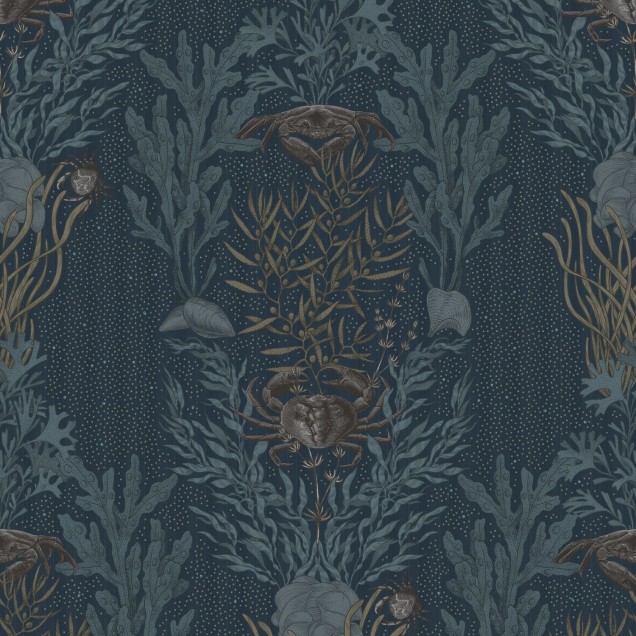 Tapet Claws & Clams, Ocean Blue - Design elegant cu alge marine, scoici și gheare în nuanțe de albastru ocean.