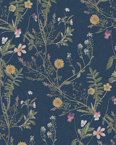 Tapet floral cu flori delicate și frunze delicate pe un fundal albastru ocean.
