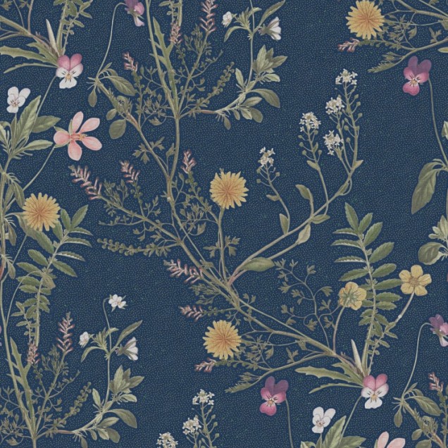 Tapet floral cu flori delicate și frunze delicate pe un fundal albastru ocean.