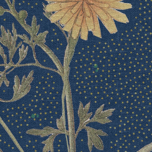 Tapet floral cu flori delicate și frunze delicate pe un fundal albastru ocean.
