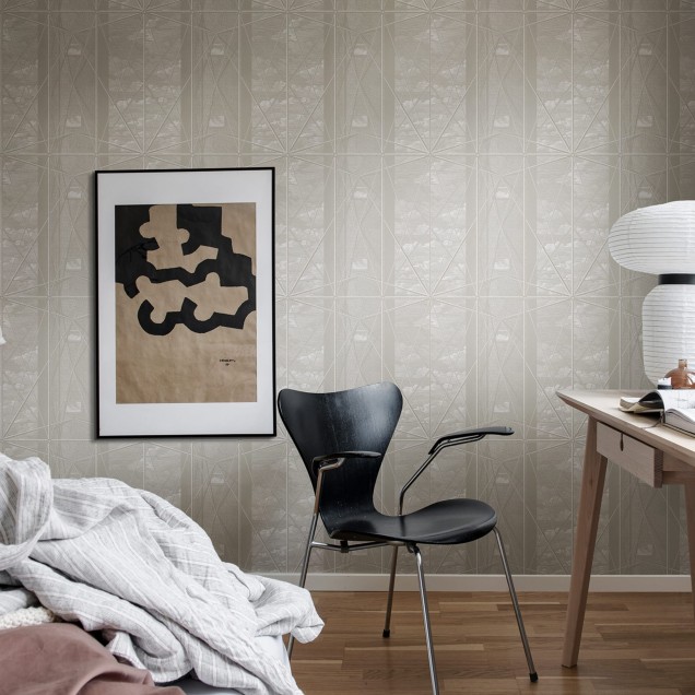 Imagine cu un tapet cu design geometric minimalist in nuante de gri, perfect pentru living, dormitor sau birou.