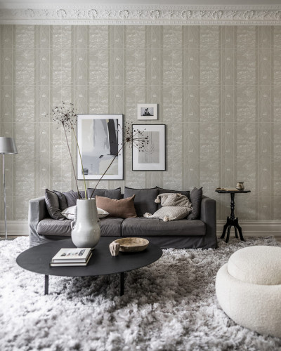 Imagine cu un tapet cu design geometric minimalist in nuante de gri, perfect pentru living, dormitor sau birou.