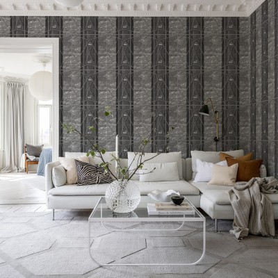 Tapet geometric Skyrise, Graphite, cu un model elegant și grafic imprimat pe un fond gri închis