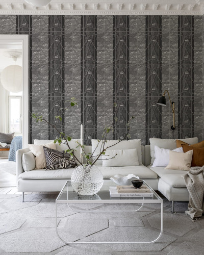 Tapet geometric Skyrise, Graphite, cu un model elegant și grafic imprimat pe un fond gri închis