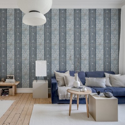Tapet geometric modern, cu nuanțe de albastru deschis și o textură subtilă.
