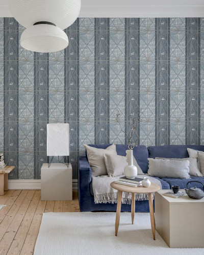 Tapet geometric modern, cu nuanțe de albastru deschis și o textură subtilă.