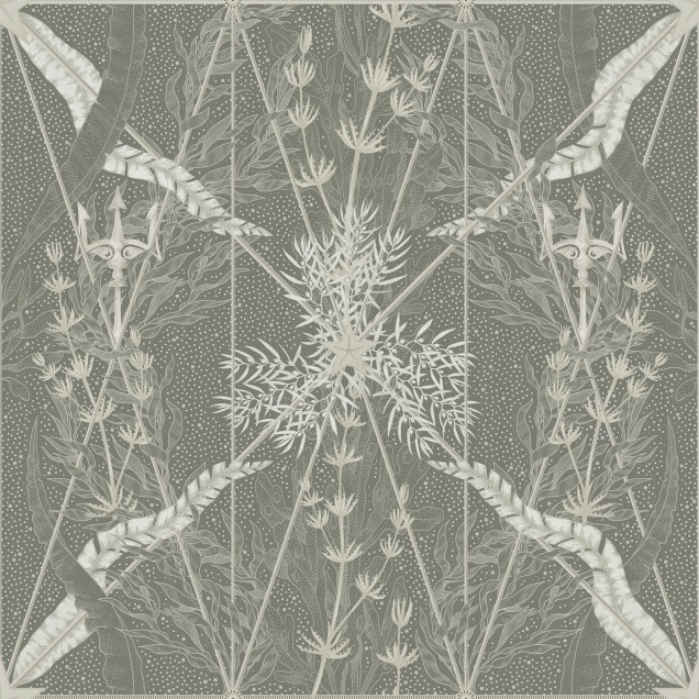 Tapet Seaweed & Stars Green într-un living cu mobilier modern