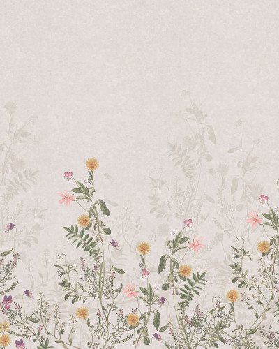 Tapet Stormy Meadow, Sand cu model floral delicat de flori sălbatice pe fond neutru.