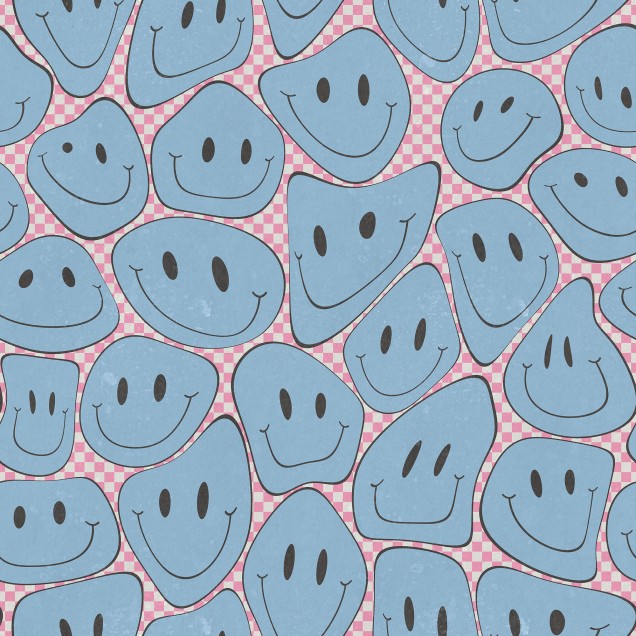 Happy Rebel Pink Chess - Tapet modern cu zâmbete Tapet cu zâmbete albastre pe fundal roz cu pătrate albe. Tapetul este perfect pentru a crea o atmosferă veselă în dormitor, sala de joaca sau living.