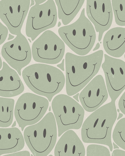 Tapet Happy Rebel Green cu design abstract și fațe zâmbitoare în culori neutre
