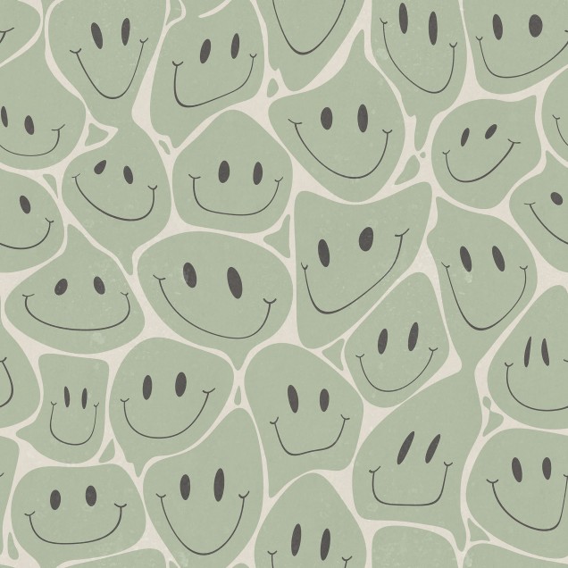 Tapet Happy Rebel Green cu design abstract și fațe zâmbitoare în culori neutre