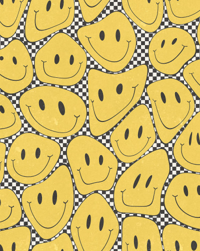 Happy Rebel Sunshine Chess wallpaper cu zâmbete galbene pe un fundal alb-negru în carouri