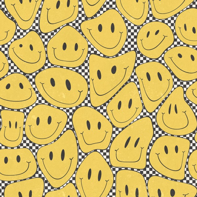 Happy Rebel Sunshine Chess wallpaper cu zâmbete galbene pe un fundal alb-negru în carouri