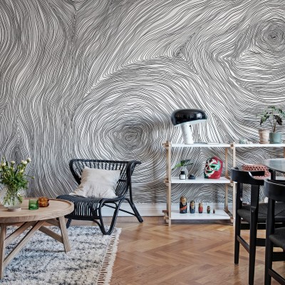 Hârtie de perete Serenity Graphite cu linii curbe negre pe un fundal alb