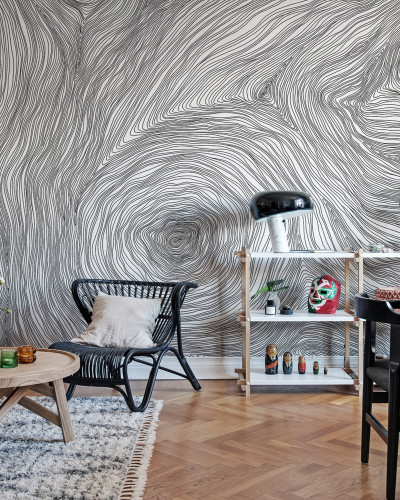 Hârtie de perete Serenity Graphite cu linii curbe negre pe un fundal alb