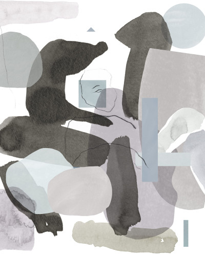 Tapet Collage Pastel, cu design abstract in nuante pastel, in interiorul unei bucatarii moderne