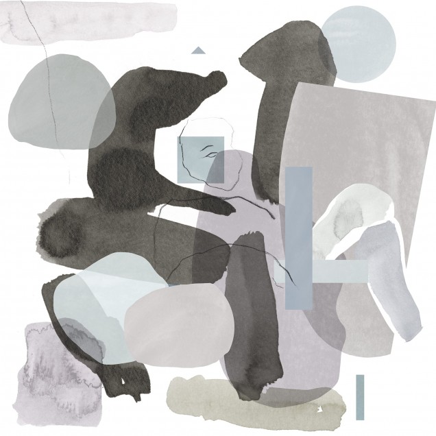 Tapet Collage Pastel, cu design abstract in nuante pastel, in interiorul unei bucatarii moderne