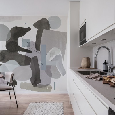Tapet Collage Pastel, cu design abstract in nuante pastel, in interiorul unei bucatarii moderne