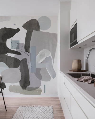 Tapet Collage Pastel, cu design abstract in nuante pastel, in interiorul unei bucatarii moderne
